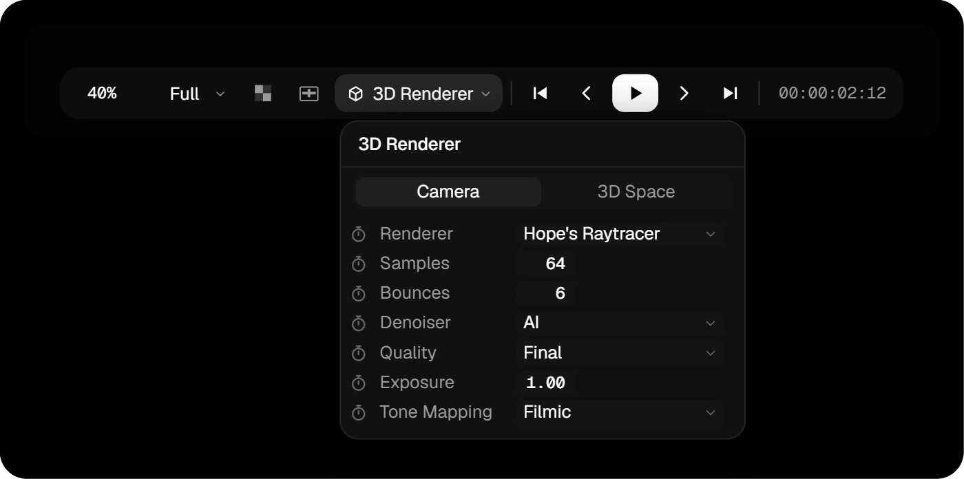The 3D Renderer menu with View, Renderer, Anti-Aliasing, Exposure and Tone Mapping