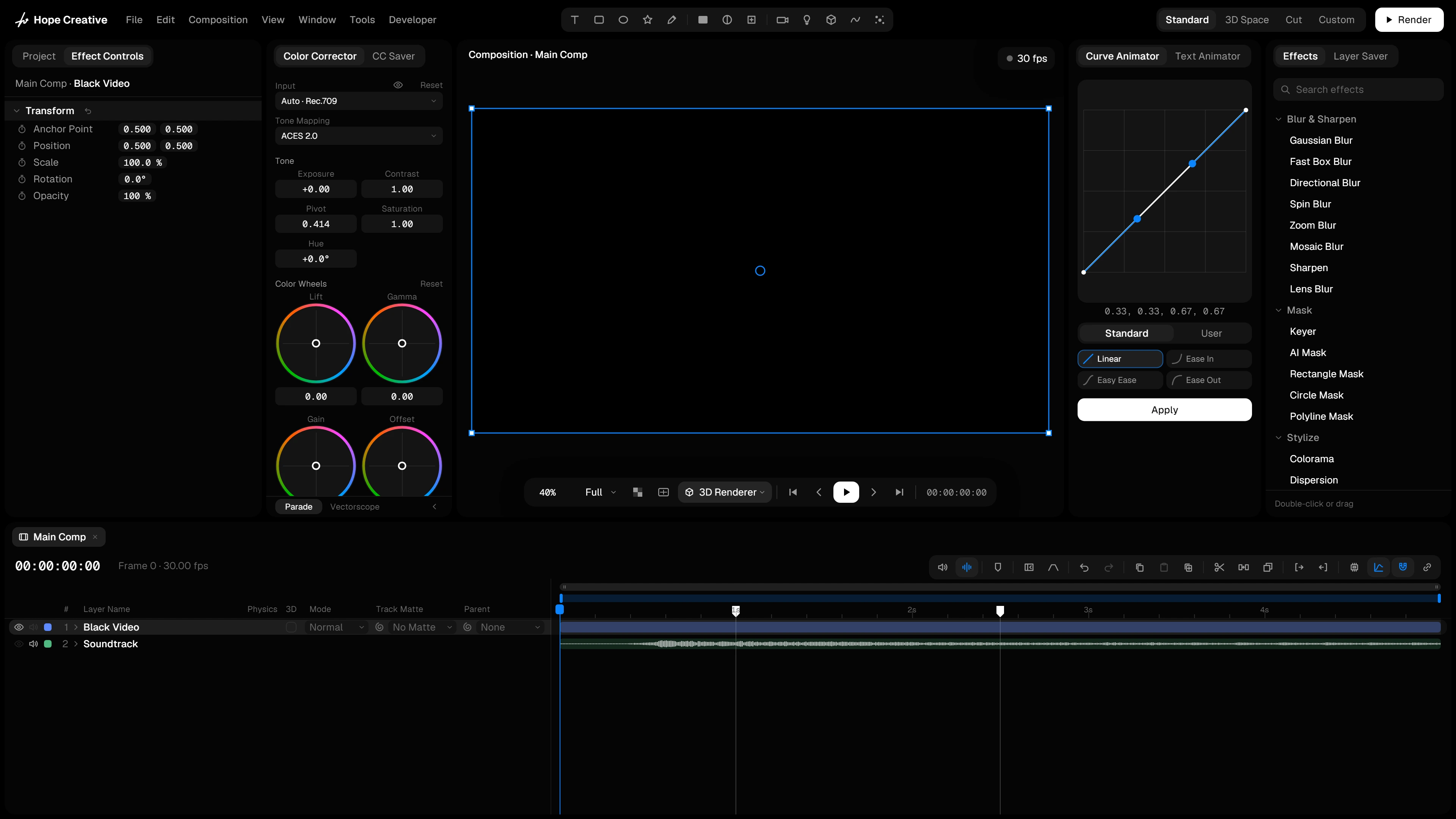 The Hope Creative interface with its areas numbered