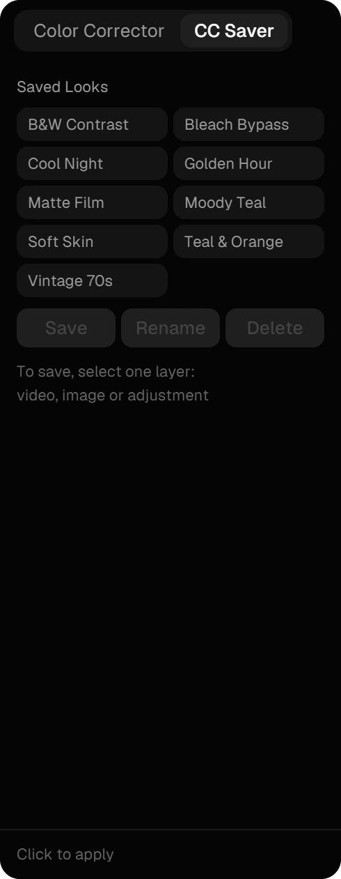The CC Saver with saved looks such as Golden Hour, Moody Teal and Matte Film