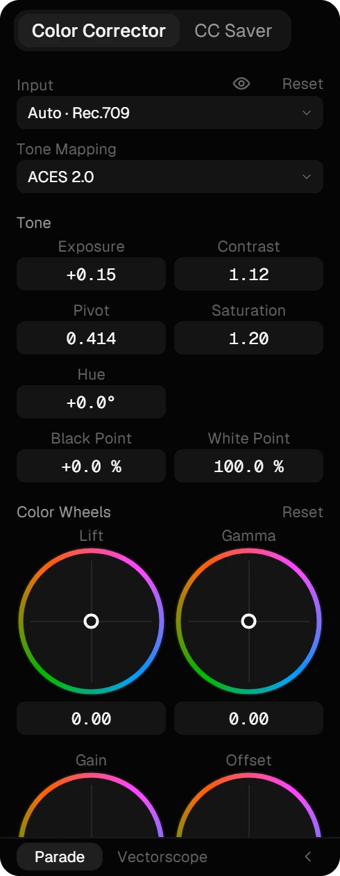 The Color Corrector panel with input, tone mapping, tone controls and color wheels