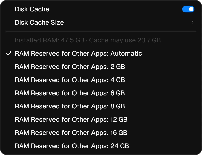 The Memory (Preview Cache) menu with Disk Cache on and the RAM reserved for other apps