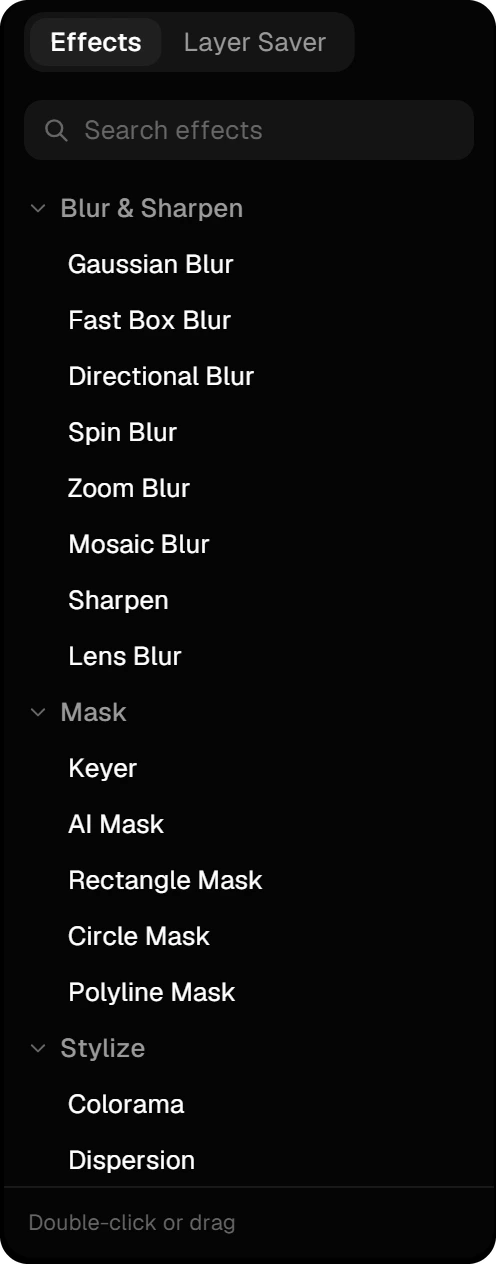 The Effects panel with the search field and the categories Blur & Sharpen, Mask and Stylize