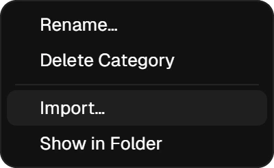 The right-click menu of a category with Import highlighted