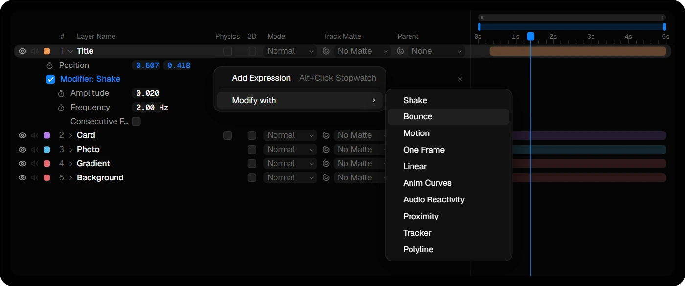 The Modify with menu open on a Position property, with a Shake modifier below