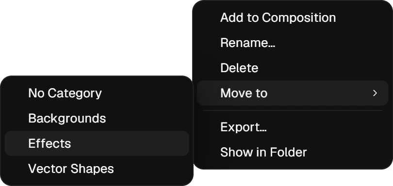 The right-click menu of a set with Move to open: No Category, Backgrounds, Effects and Vector Shapes
