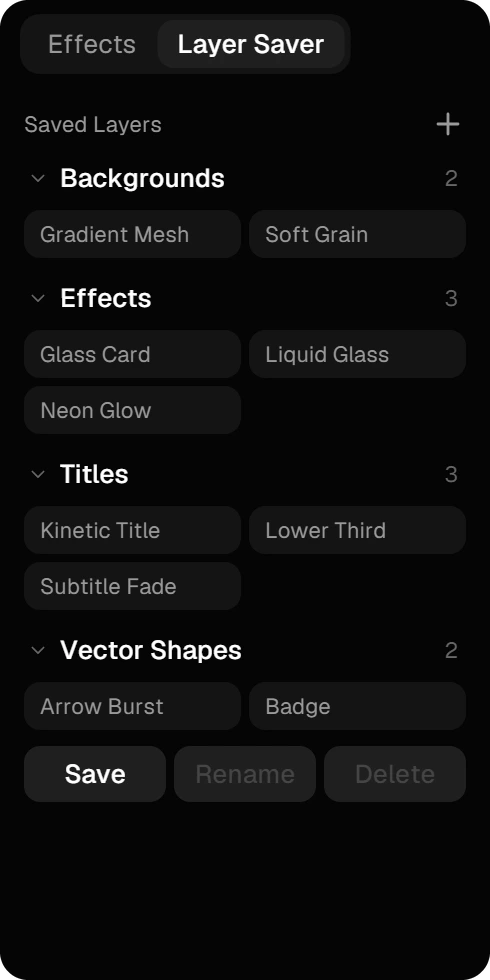 The Layer Saver with saved layers in the categories Backgrounds, Effects, Titles and Vector Shapes