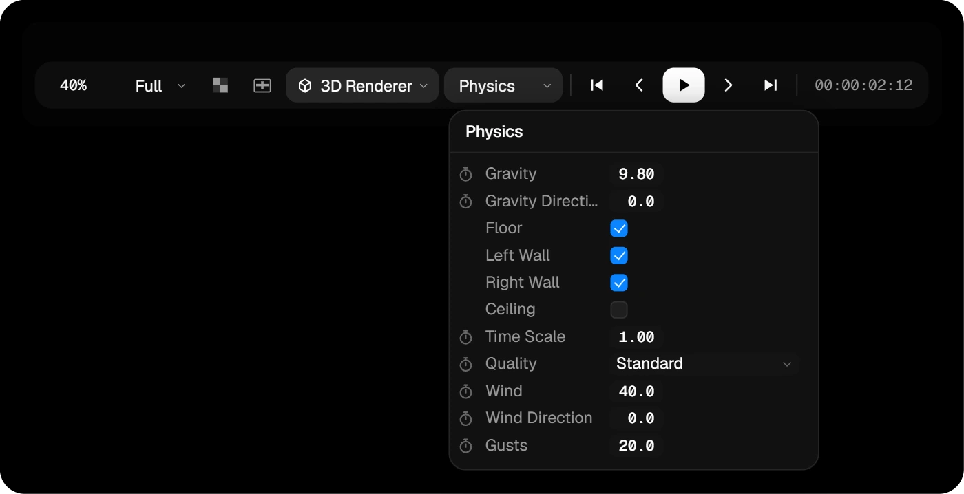 The physics world settings opened from the Composition Bar