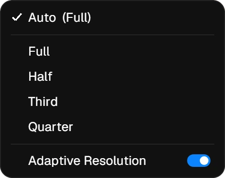 The resolution menu of the Viewer: Auto, Full, Half, Third, Quarter and Adaptive Resolution