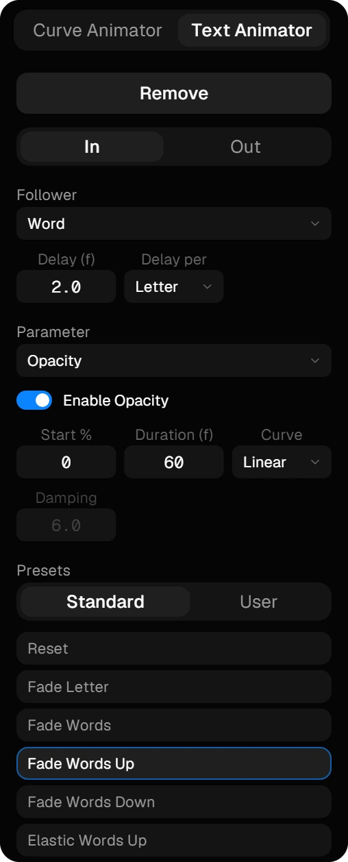The Text Animator panel with In and Out, the follower, the parameter and the presets