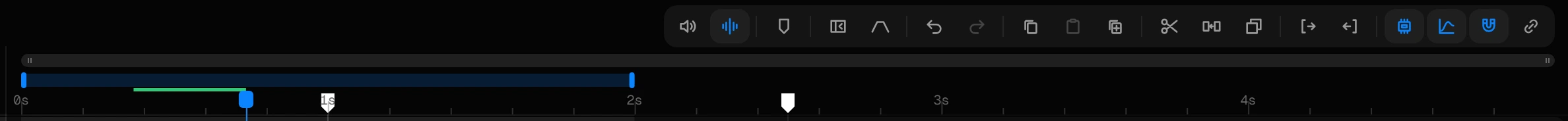 The Timeline toolbar with the Caching button on, and the green bar of cached frames under the work area